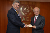 Presentation of credentials by the new Resident Representative of the Republic of Colombia,  Mr Jaime Alberto Cabal Sanclemente, to IAEA Director General Yukiya Amano. IAEA, Vienna, Austria, 25 April 2014.