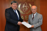 Presentation of credentials by the new Resident Representative of Kyrgyzstan, Mr Ermek Ibraimov, to IAEA Director General Yukiya Amano. IAEA, Vienna, Austria, 27 June 2014.