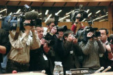 Some 250 of the world media are at the IAEA&acute;s Vienna headquarters to report on the outcome. (Photo Credit: D. Calma/IAEA)