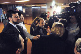 Journalists gathered infront of the board room, speaking to Javad Vaidi, Deputy Secretary, Supreme National Security Council. (Photo Credit: D. Calma/IAEA)