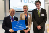 IAEA Director General Yukiya Amano presents Ms Anka Mulder, Vice President, Education and Operations, TU Delft, and Prf. Dr. Bert Wolterbeek, Director of the Reactor Institute Delft, with the plaque designating the Reactor Institute Delft as an IAEA Collaborating Centre, during his official visit to the Netherlands. 18 April 2013