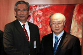 On 3 May 2011, IAEA Director General Yukiya Amano (right) met Mr. Raja Dato' Abdul Aziz Raja Adnan, Director General of the Malaysian Atomic Energy Licensing Board (left), to finalize the IAEA's organization of an independent, international radiation safety expert panel's mission to Malaysia. (Photo: P.  Pavlicek/IAEA)