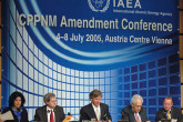 Opening of the Conference at the Austria Center in Vienna, Austria. Seated from the left are Ms. Maria de Lourdes Vez Carmona, Office of Legal Affairs (OLA); Mr. Johan Rautenbach, Director of OLA; David Waller, IAEA Deputy Director General and Head of the Department of Management; Mr. A. Baer, President of the Conference; and Mr. Wolfram Tonhauser, Legal Advisor, OLA.
(Credit: D. Calma/IAEA)