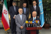IAEA Director General Yukiya Amano at a press conference with Dr Ali Akbar Salehi, Vice President and Chairman of the Atomic Energy Organization of Iran during his official visit to the Islamic Republic of Iran. 17 August 2014.