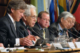 Seated from the left on the podium at the Conference are Mr. David Waller, IAEA Deputy Director General and Head of the Department of Management; Mr. A. Baer, President of the Conference; Mr. Wolfram Tonhauser, Legal Advisor, Office of Legal Affairs; Mr. Tomihiro Taniguchi, IAEA Deputy Director General and Head of Department of Nuclear Safety and Security; and Ms. Anita Nilsson, Head of the Office of Nuclear Security. (Credit: D. Calma/IAEA)
