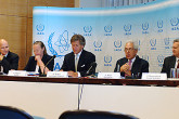 A press conference was held to the International Media at the Conference. Seated from the left are Mr. Mark Gwozdecky, Director of Public Information; Ms. Anita Nilsson, Head of the Office of Nuclear Security; Mr. David Waller, IAEA Deputy Director General and Head of the Department of Management; Mr. A. Baer, President of the Conference; and Mr. Johan Rautenbach, Director of the Office of Legal Affairs. (Credit: D. Calma/IAEA)