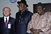 Vice-President, Goodluck Jonathan (middle), Minister of Science and Technology, Dr. Alhassan Zaku (right), and IAEA Director General Yukiya Amano during a courtesy call to the Vice-President in Abuja. (Photo: A. Sotunde)