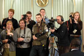 Media crews from around world wait for the 2005 Peace Laureates.