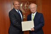 The new Resident Representative of Djibouti, Aden Mohamed Dileita, presents his credentials to IAEA Director General Yukiya Amano in Vienna, Austria on 16 June 2015.