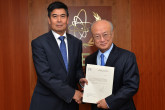 The new Resident Representative of  Myanmar, San Lwin, presents his credentials to IAEA Director General Yukiya Amano in Vienna, Austria on 20 August 2015.