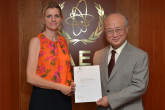 The new Resident Representative of  Sweden, Helen Eduards, presents her credentials to IAEA Director General Yukiya Amano in Vienna, Austria on 1 September 2015.