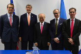 IAEA Director General Yukiya Amano meets with HE Mr John Kerry, Secretary of State of the United States of America at the IAEA headquarters in Vienna, Austria. 16 January 2016

Left to right: Cornel Feruta, IAEA Chief Coordinator, John Kerry, Yukiya Amano, Tero Varjoranta, IAEA Deputy Director General and Head of the Department of Safeguards and Derek Lacey, Special Assistant to the Director General for Nuclear Safety, Security and Safeguards.