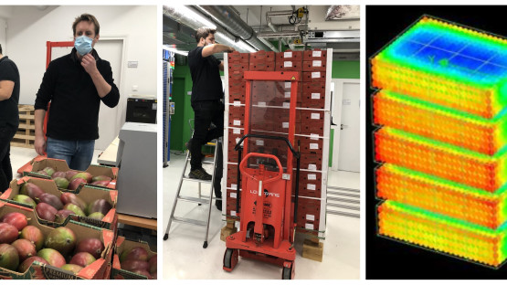 Aerial Experts undertaking tests to verify that X ray irradiation of mango fruits can achieve the minimum dose required for the correct phytosanitary treatment (left and centre). Dose map (right) shows the variation of absorbed dose. (Photos: Aerial)