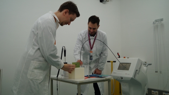 Medical physicists performing a dosimetry audit on an HDR brachytherapy unit (DOL, Seibersdorf)